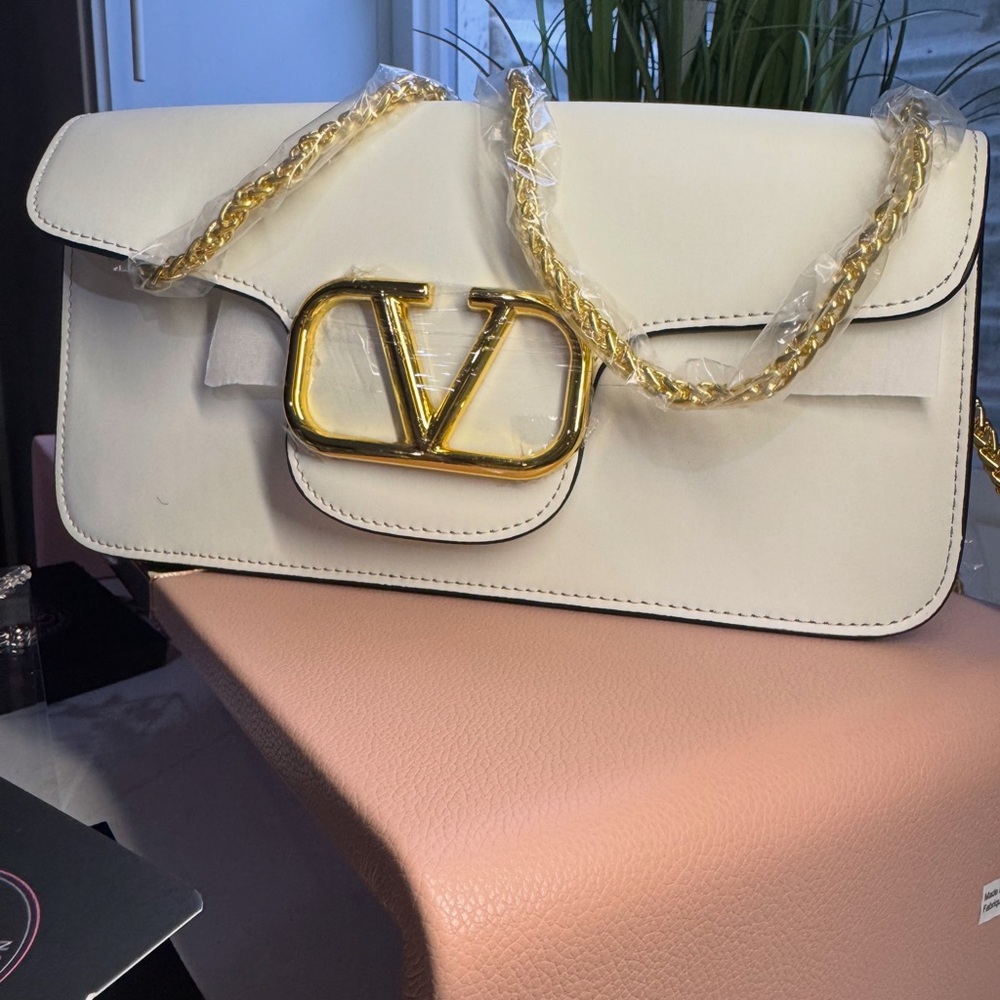 Valentino White and Gold Shoulder Bag with Iconic V Logo